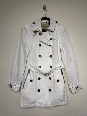 Burberry Brit White Double-Breasted Trench Coat With Belted Waist Sz 12 *NOTES*